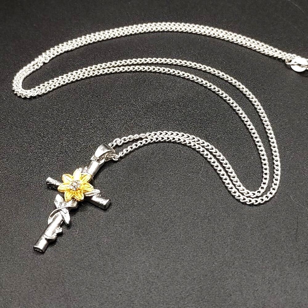 925 Silver Necklace w/ Yellow Sunflower Cross Pendant Anniversary Birthday Gift